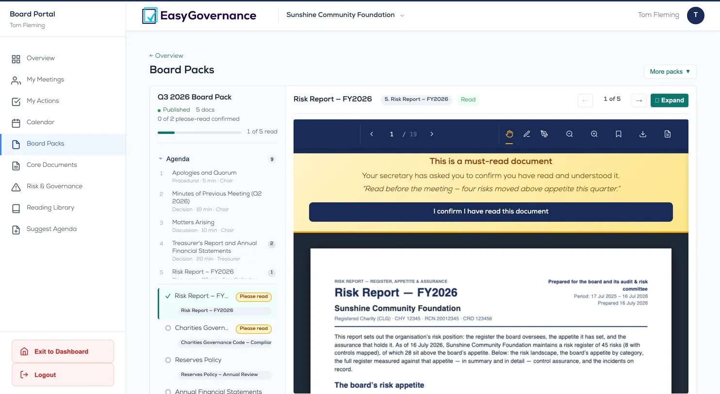 The board portal — a member's Q3 pack open: the meeting agenda listed down one side, a board paper open beside it, and the please-read confirmation waiting at the top
