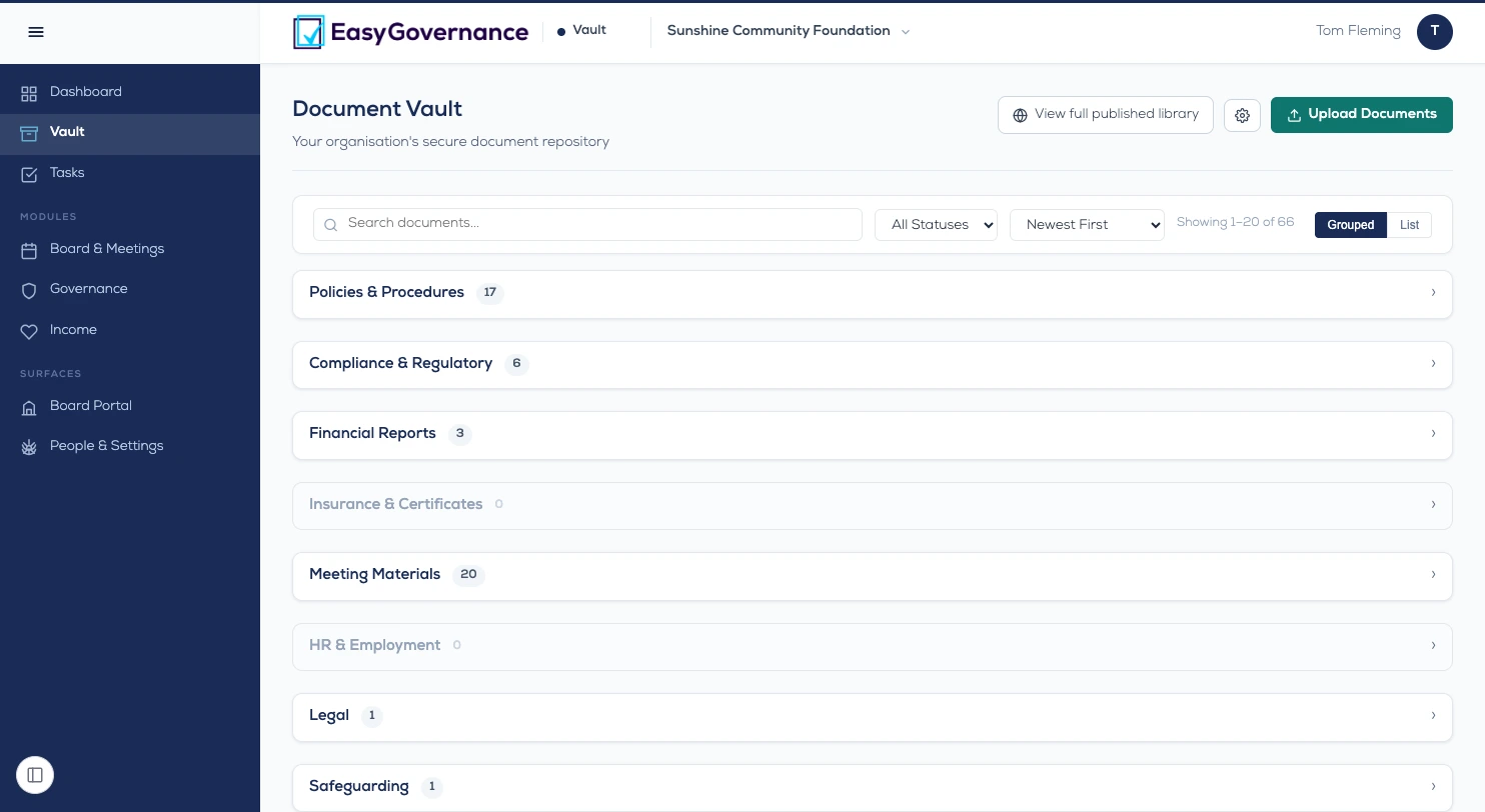 The vault — the organisation's documents, grouped and dated